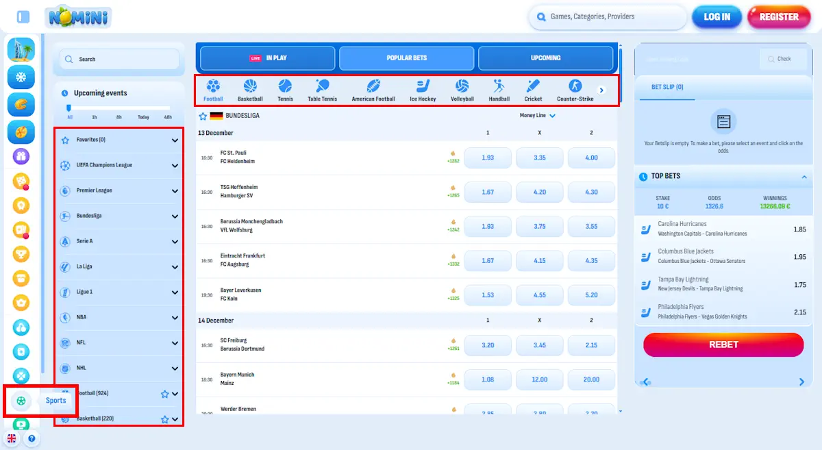 Nomini Sportsbook Sports Screenshot
